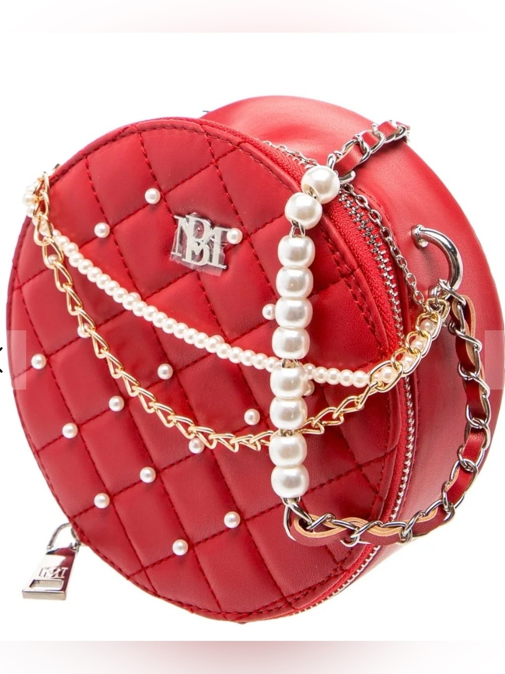 Badgley Mischka Diamond Quilted Round Crossbody Bag in red & silver w/pearls NWT - Picture 3 of 6